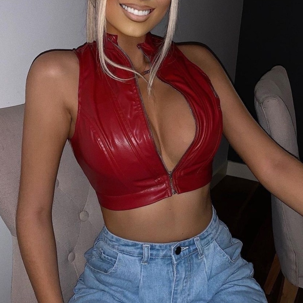 Stare All You Want Faux Leather Top - Burgundy